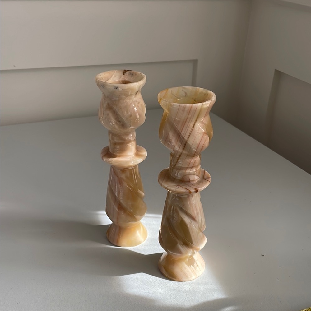Elegant Marble Candle Holder Pair - Cream and Tan